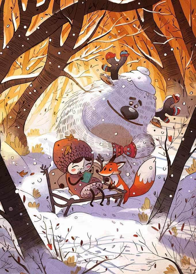 Winter Forest Friends Reading Together