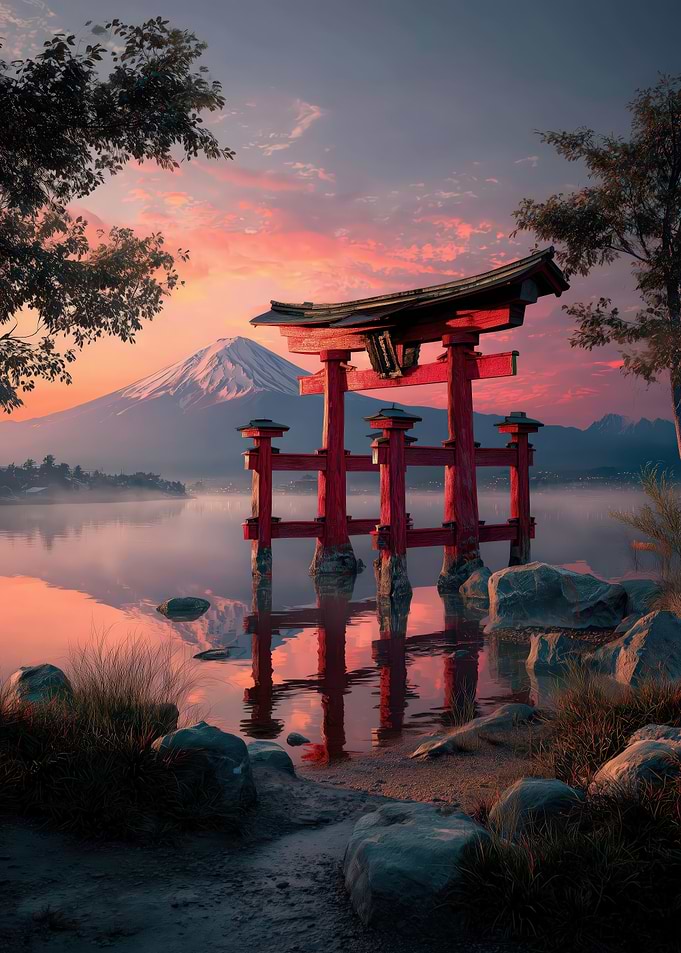 Japanese Torii Gate and Mount Fuji