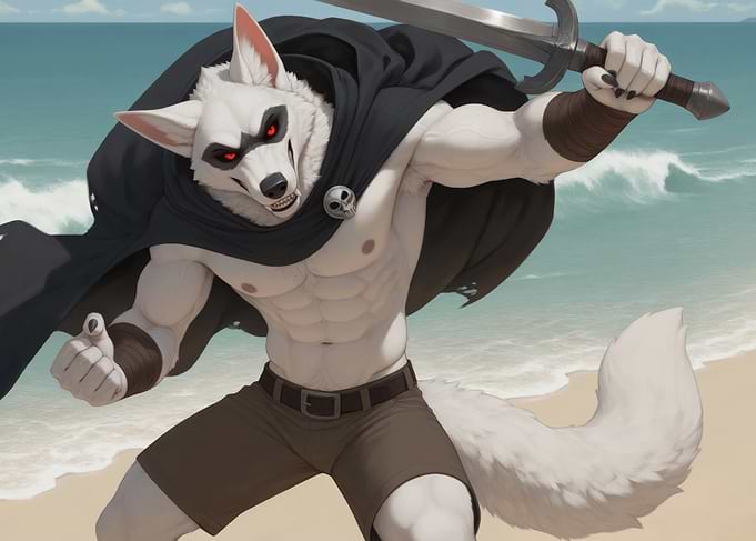 Furry Wolf Warrior on Beach