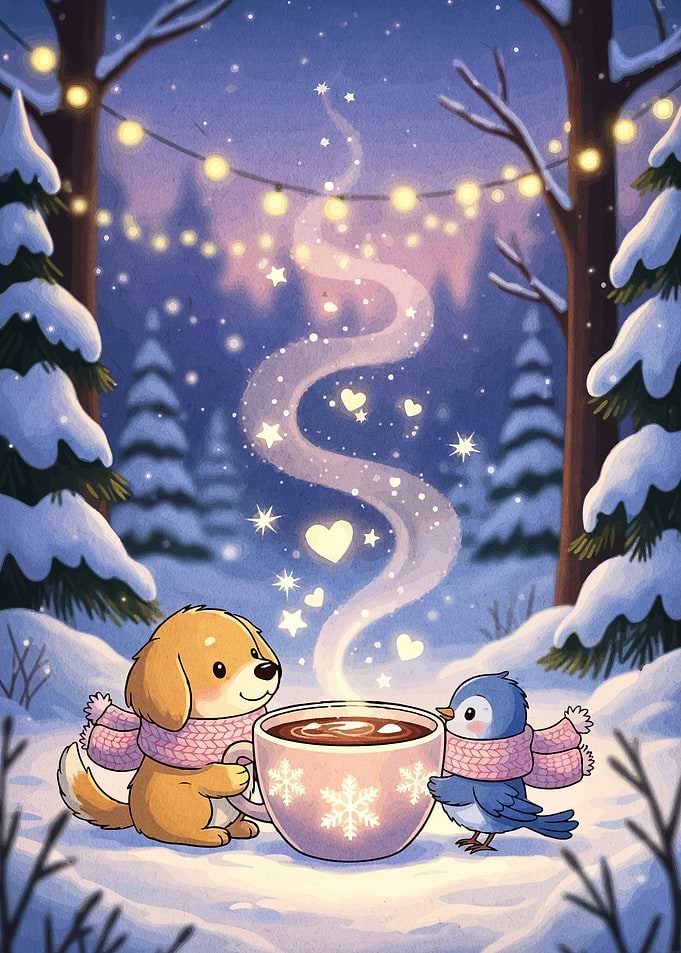 Winter Warmth: Dog, Bird, and Cocoa