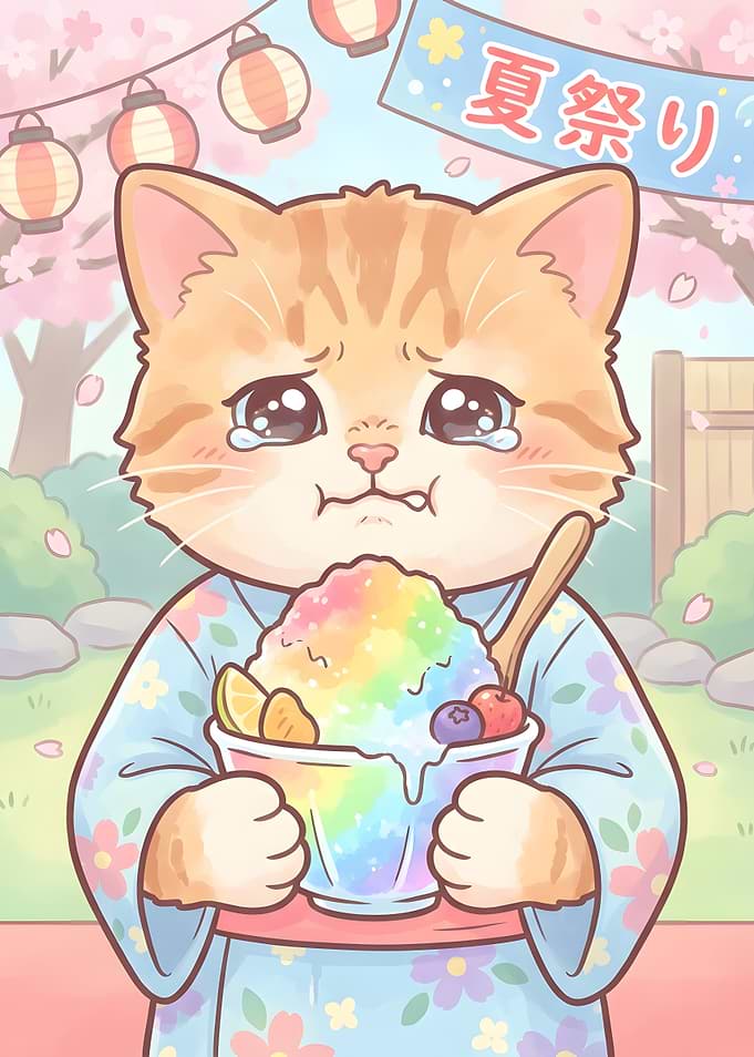 Crying Cat with Rainbow Shaved Ice