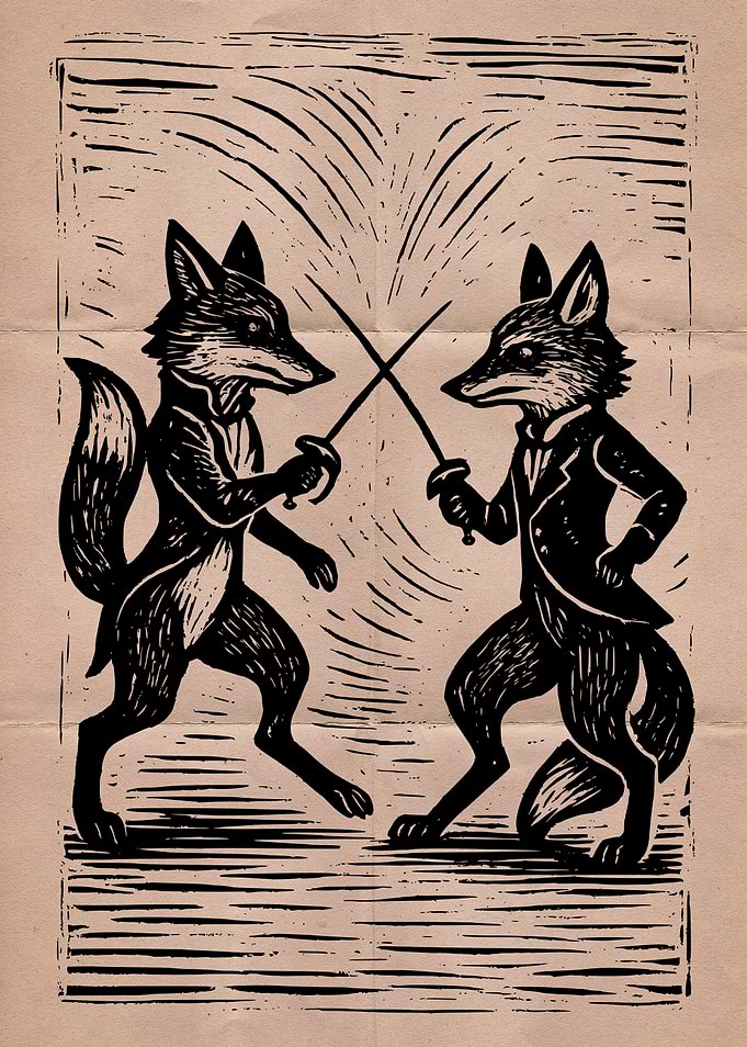 Foxes Fencing Woodcut