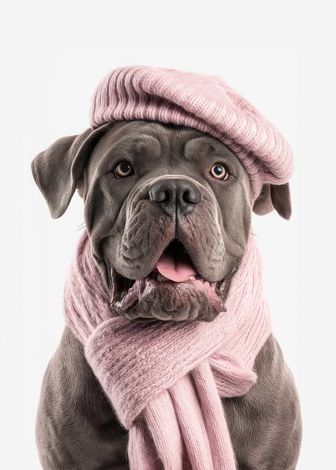 Cozy Cane Corso with Pink Beret and Scarf