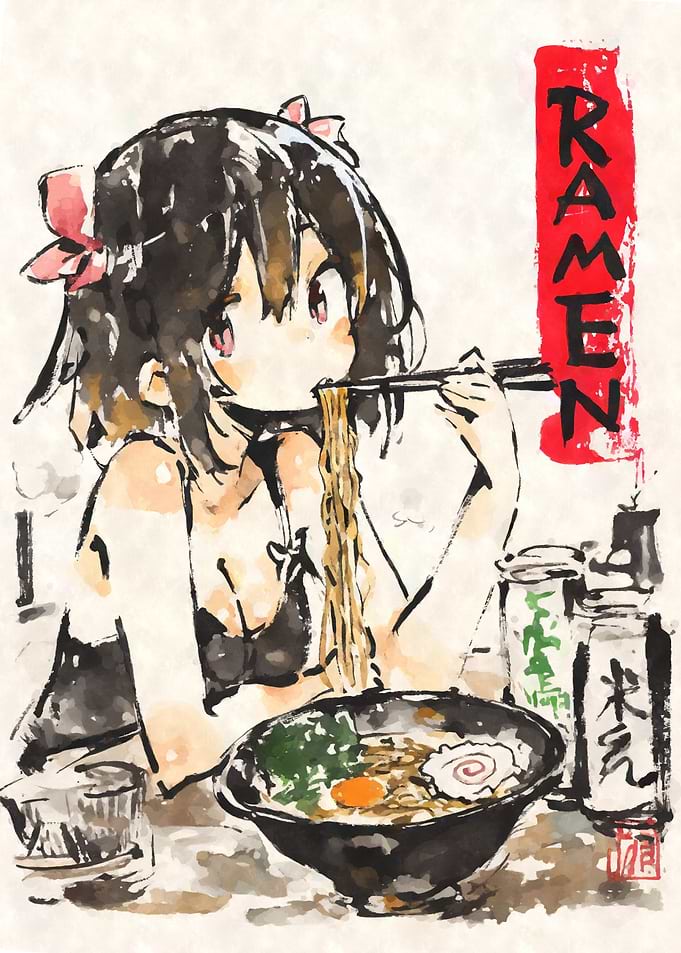Anime Girl Eating Ramen Watercolor Painting