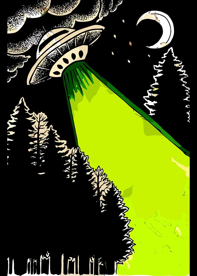 UFO Abduction in Forest Night Scene