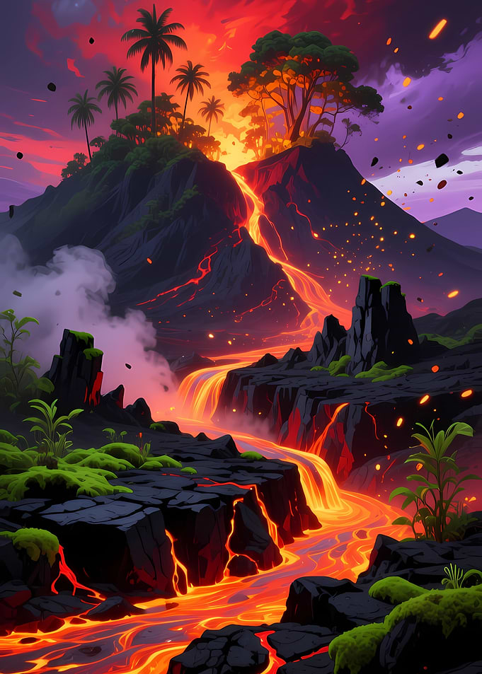 Volcanic Landscape with Lava Flow