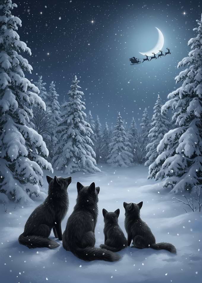 Wolves watching Santa in snowy forest