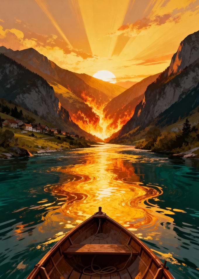 Boat ride at sunset in mountains
