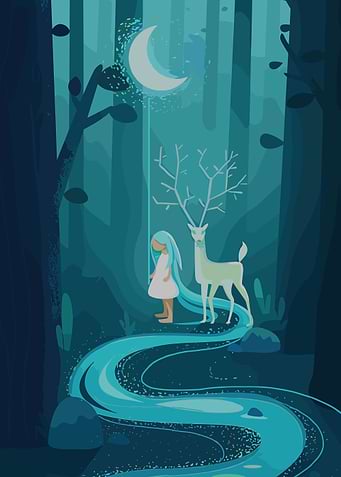 Pixel Art: Girl, Deer, and Moonlit Stream