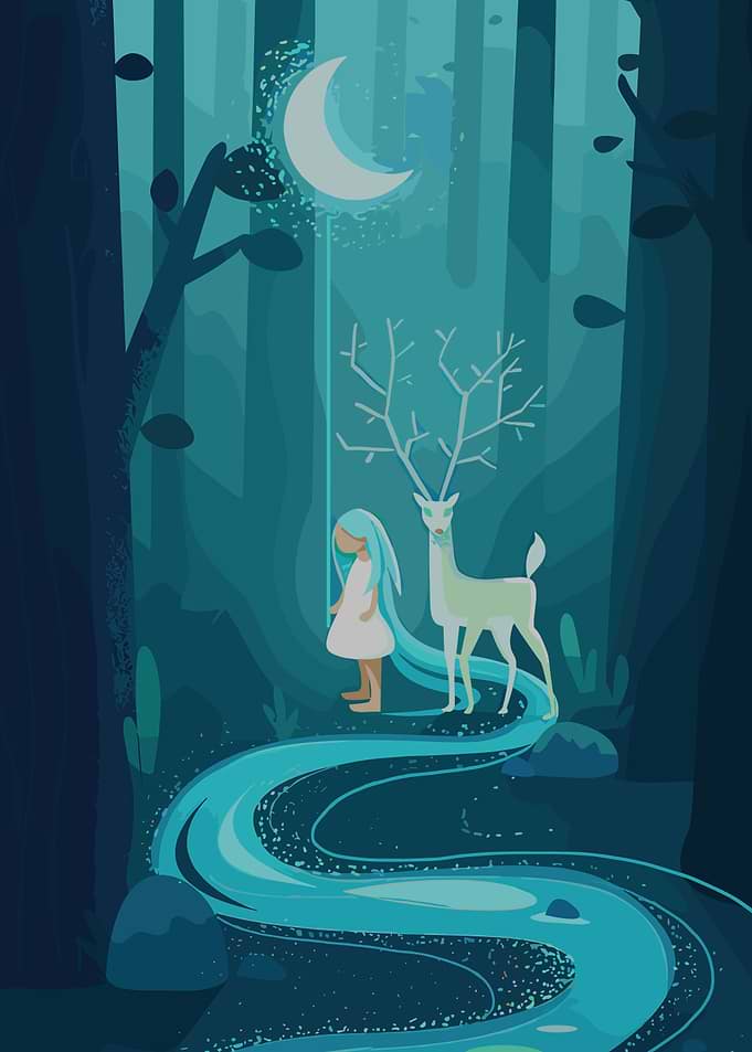 Pixel Art: Girl, Deer, and Moonlit Stream
