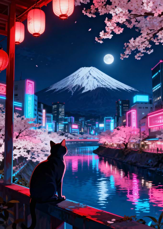 Neon Cityscape with Cat and Fuji