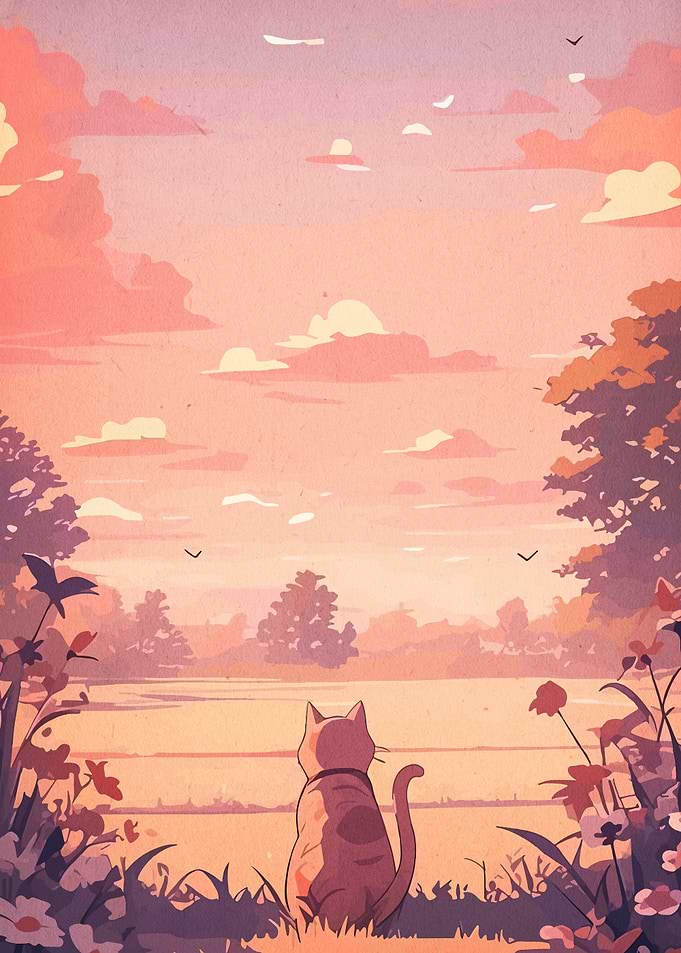Cat gazing at sunset landscape