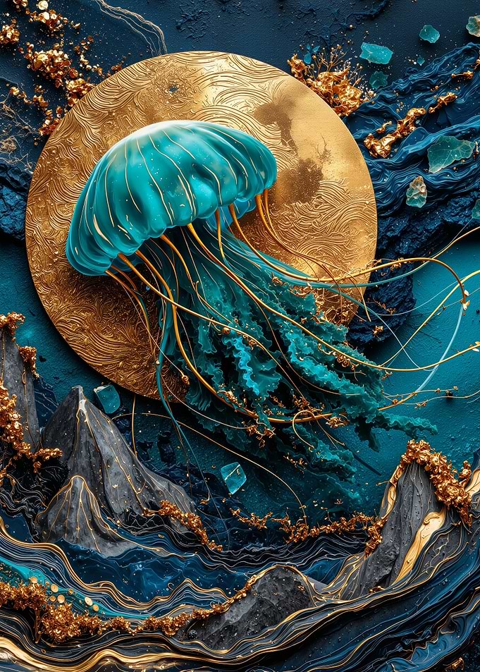 Teal Jellyfish with Golden Accents