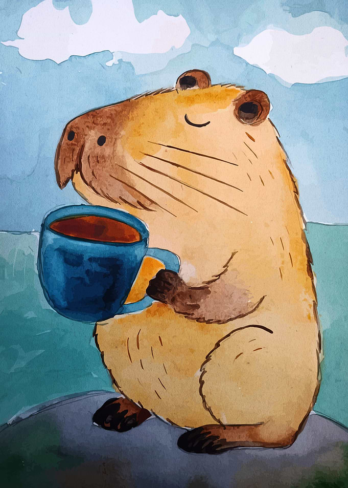 Capybara with Coffee Watercolor Painting