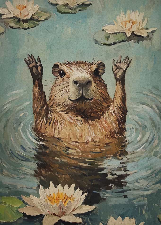 Whimsical Beaver in Lily Pond Painting