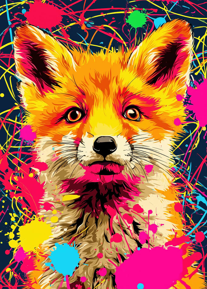 Colorful Fox Portrait with Paint Splatters