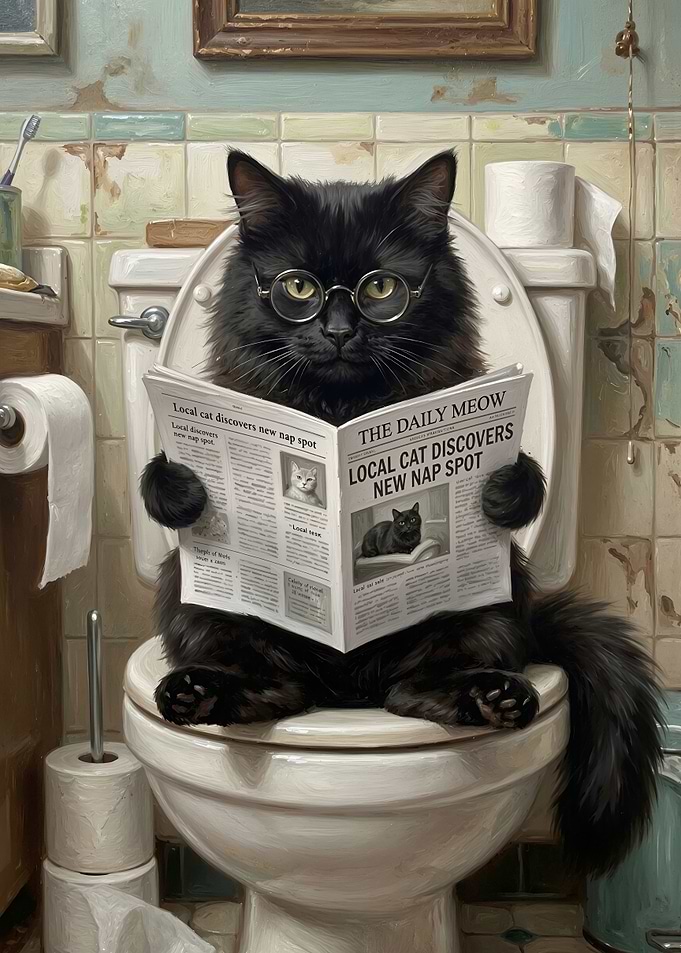 Cat Reading Newspaper on Toilet