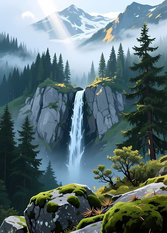 Waterfall in Mountainous Landscape