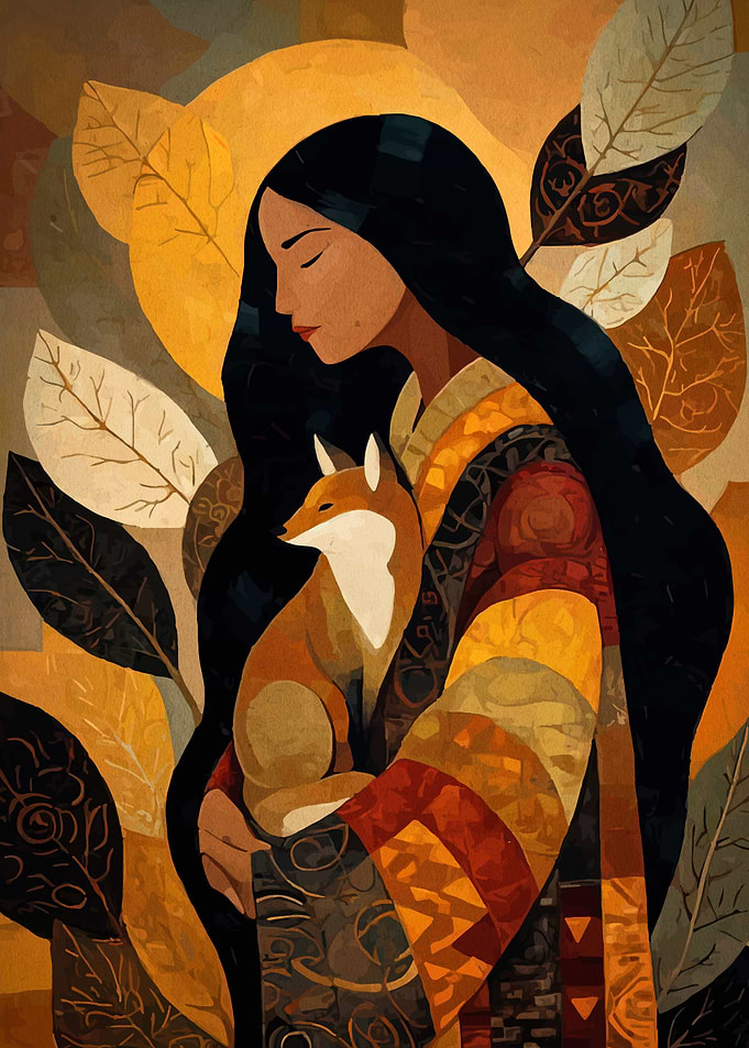 Woman with Fox and Autumn Leaves