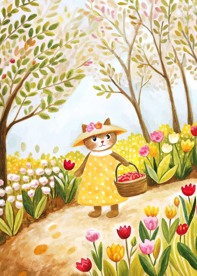 Cat in Garden with Flowers