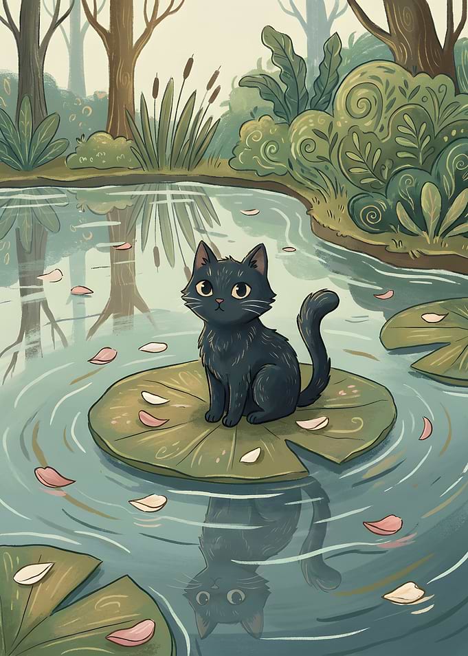 Black cat on lily pad