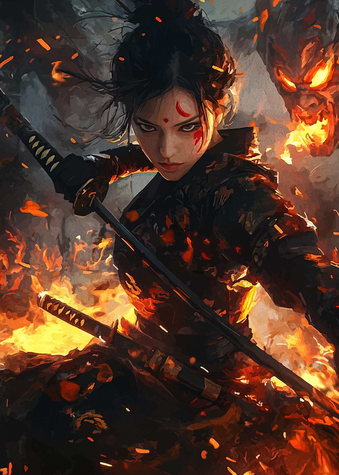 Female Warrior in Fiery Battle