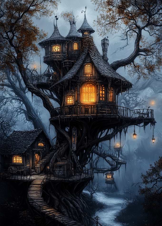 Fantasy Treehouse in Misty Forest