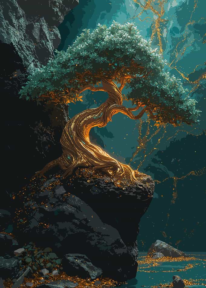 Golden Tree on Cliffside Nature Art