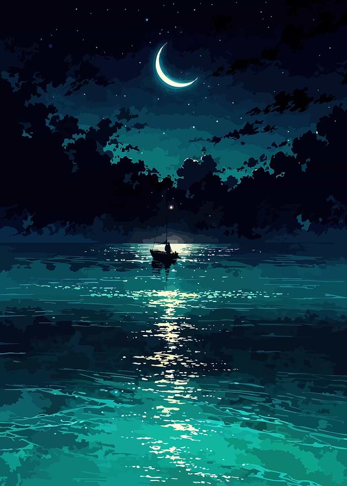 Night Fishing Under Crescent Moon