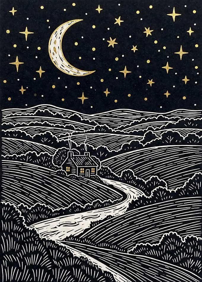 Cozy Night Landscape with Moon and Stars