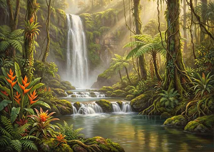 Lush Tropical Waterfall Landscape Painting