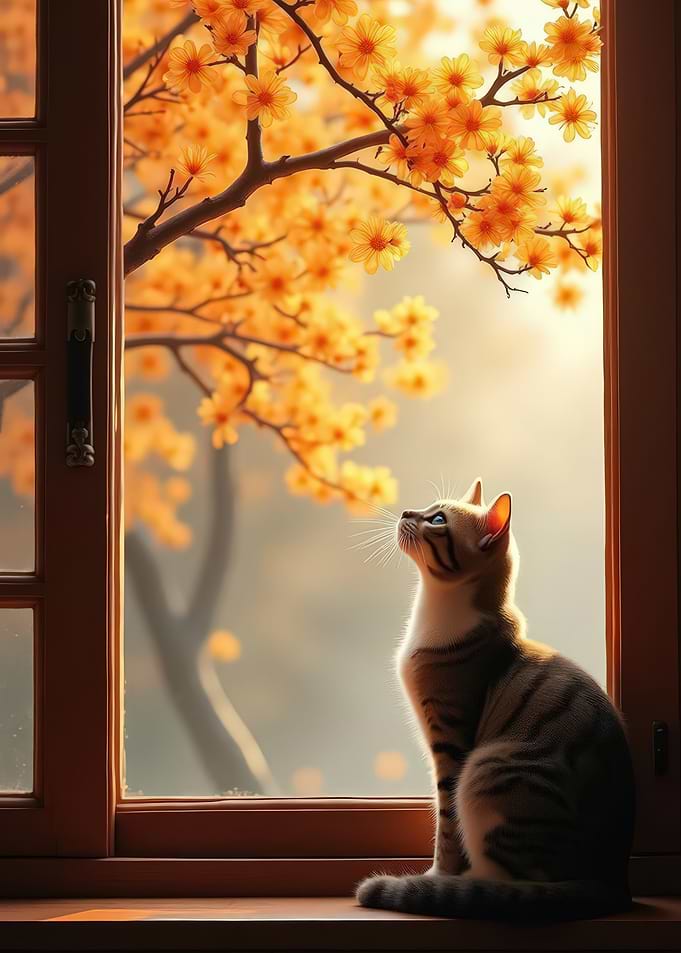Cat Gazing At Flowers