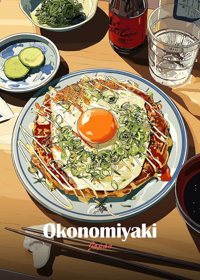 Okonomiyaki Dish with Toppings and Drink