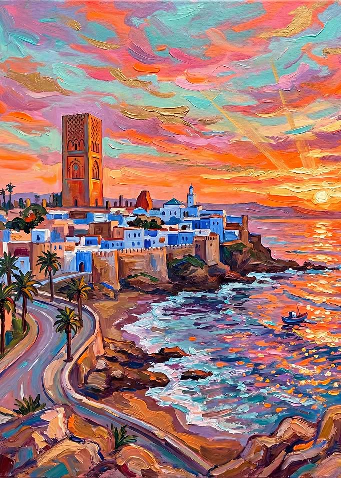 Coastal Cityscape Painting at Sunset