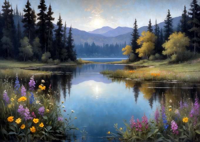 Serene Lake Landscape with Wildflowers
