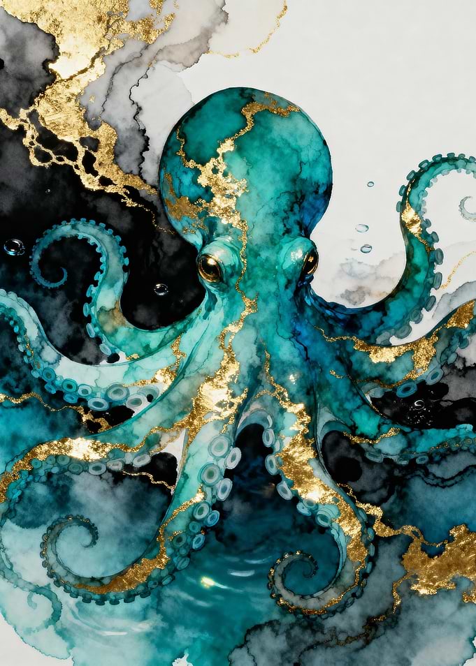 Watercolor Octopus with Gold Accents