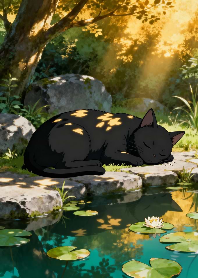 Sleeping Black Cat by Pond