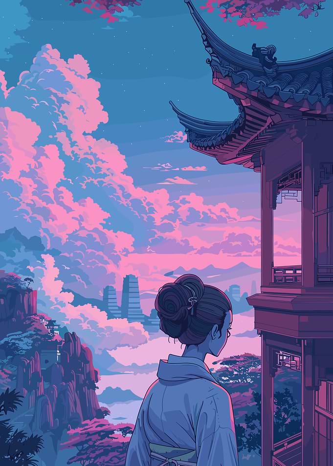 Asian Woman Gazing at Distant City