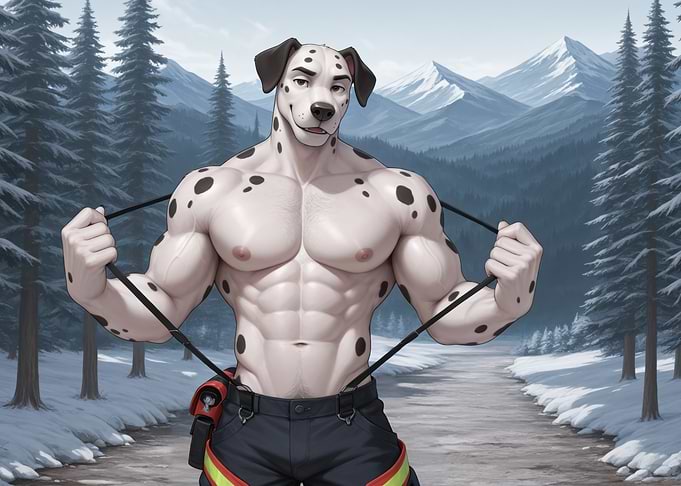 Furry Dalmatian Firefighter in Snowy Landscape
