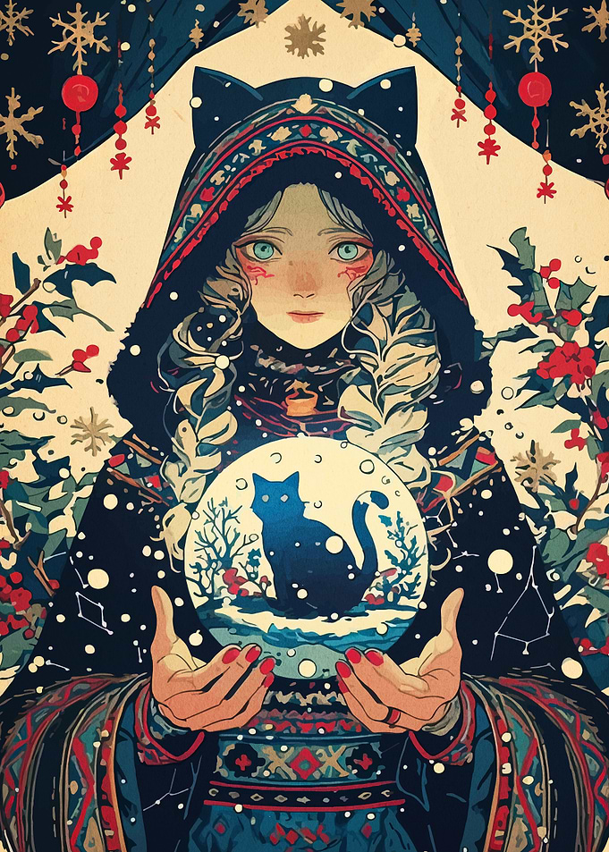 Winter Witch with Cat Snow Globe