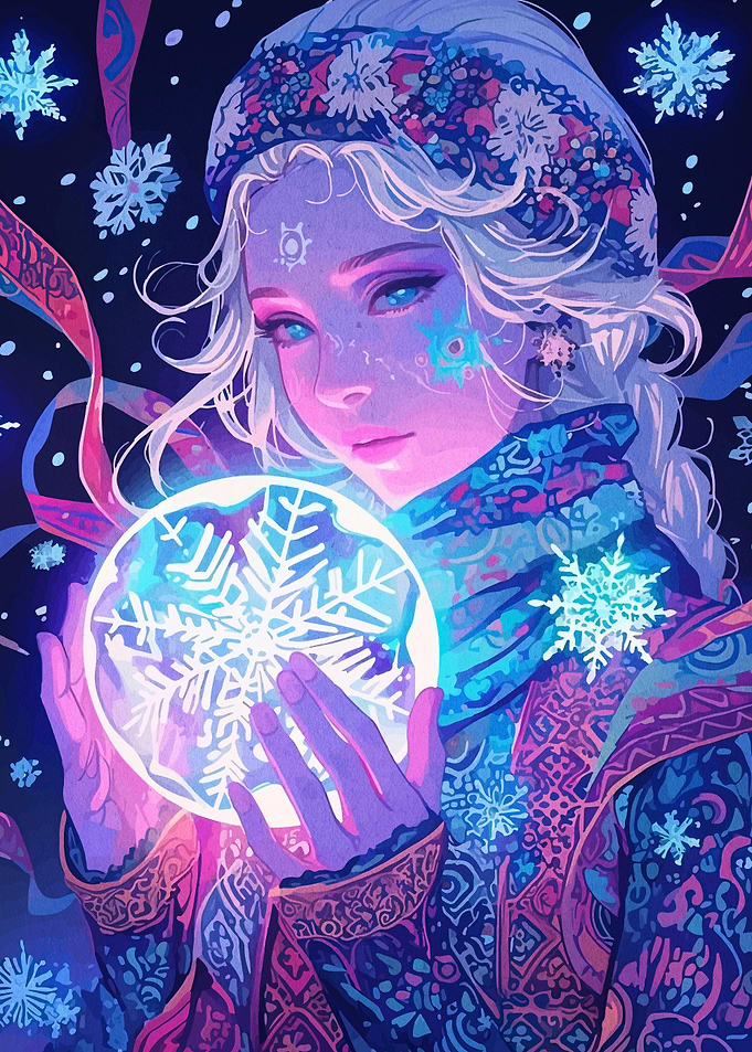 Winter Witch Holding Snowflake Orb