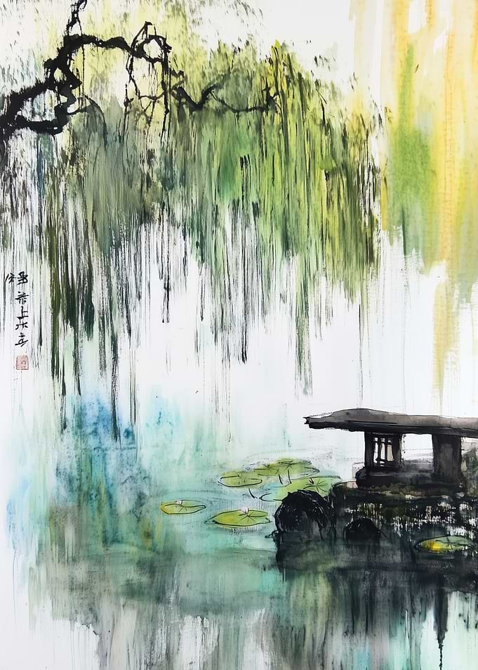 Willow Tree and Stone Lantern Painting