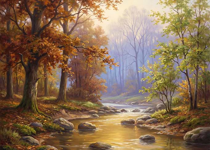Autumn Forest Stream Landscape Painting