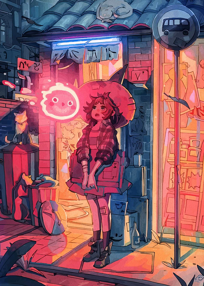 Whimsical Witch at Bus Stop
