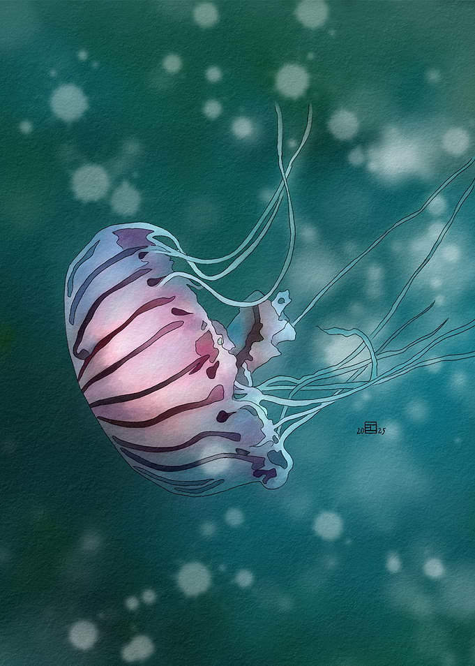 Watercolor Jellyfish in Teal Water