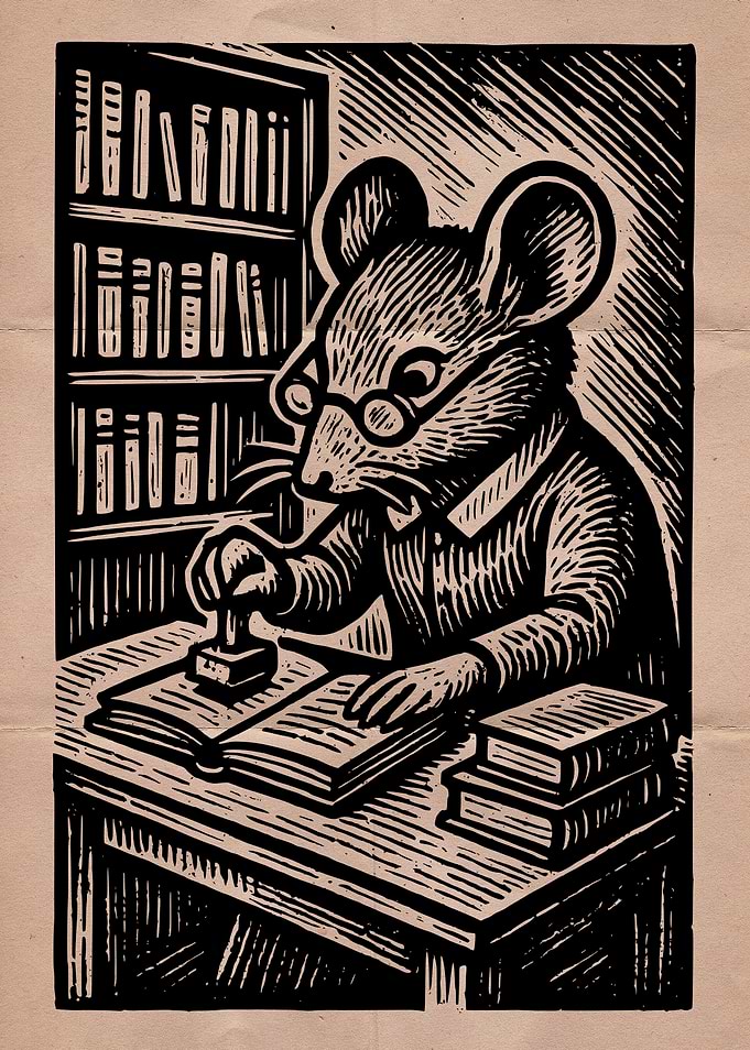 Mouse Librarian Woodcut