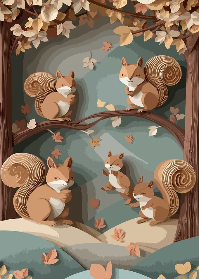 Squirrels in Autumn Forest Illustration