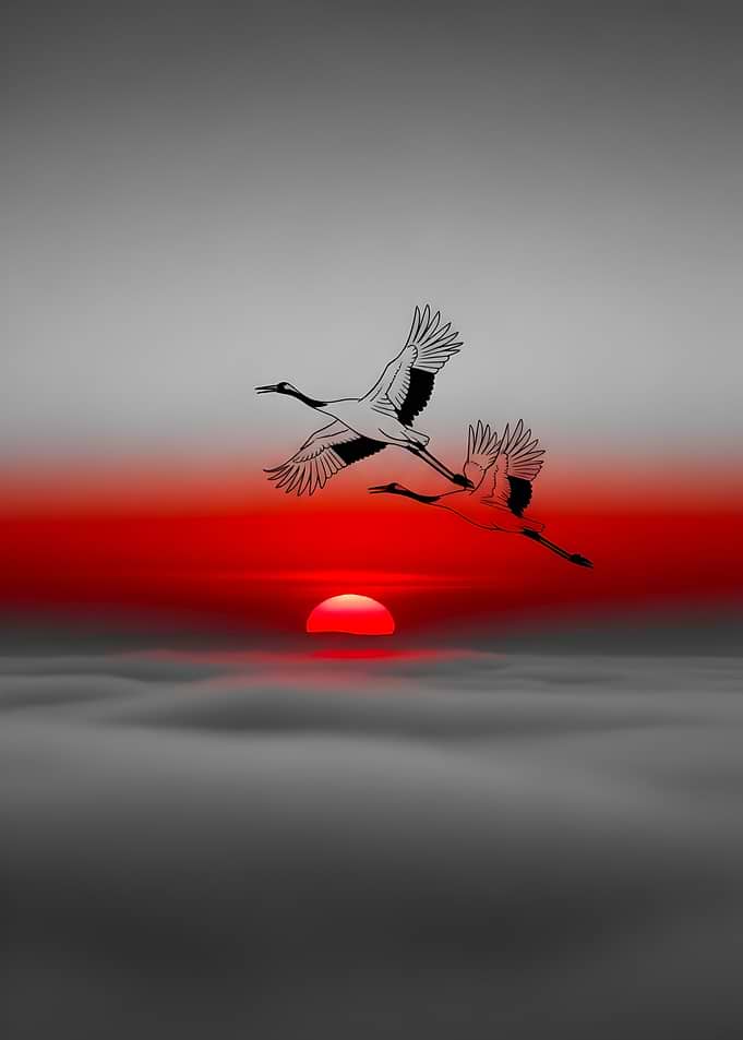 Cranes flying over a red sunset
