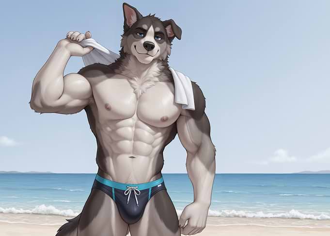 Muscular Furry Husky on Beach