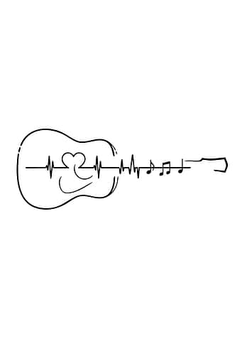 Guitar Heartbeat Music Notes Line Art